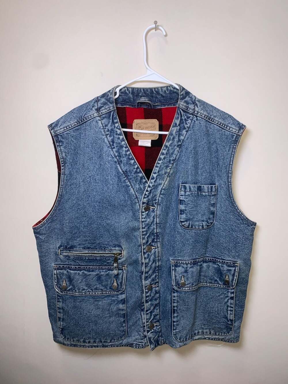 Vintage Gap Denim Blanket-Lined Utility Vest with Plaid Interior